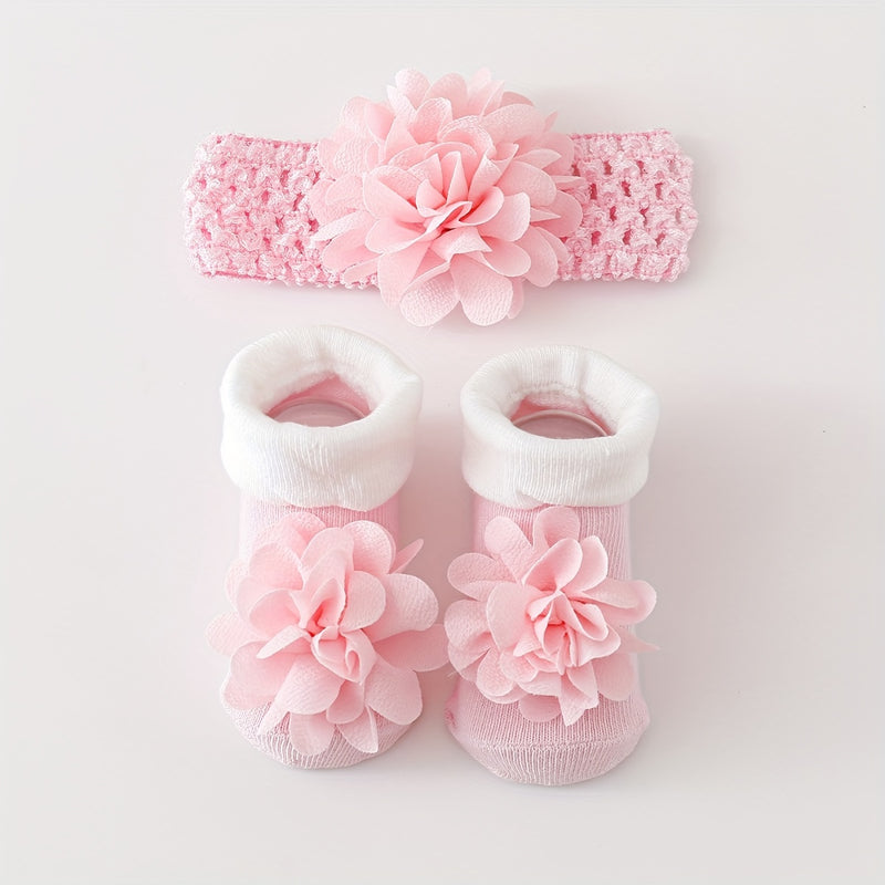 A Set of 1 Pair of Baby Flower Socks Along with a Baby Mesh Headband.