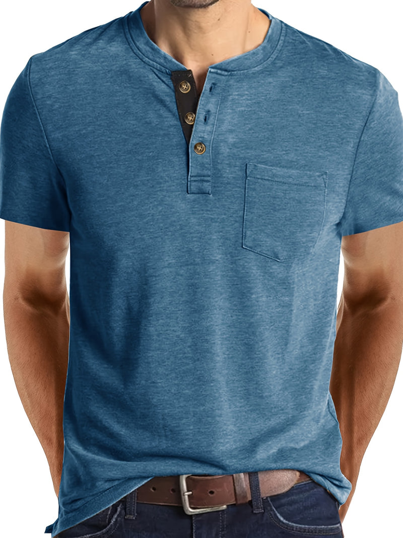 Men's Henley Round Neck Short Sleeve T-Shirt.
