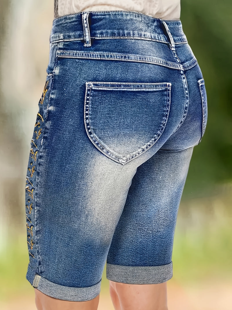 Women's Mid-Rise Denim Shorts Featuring Floral Embroidery.