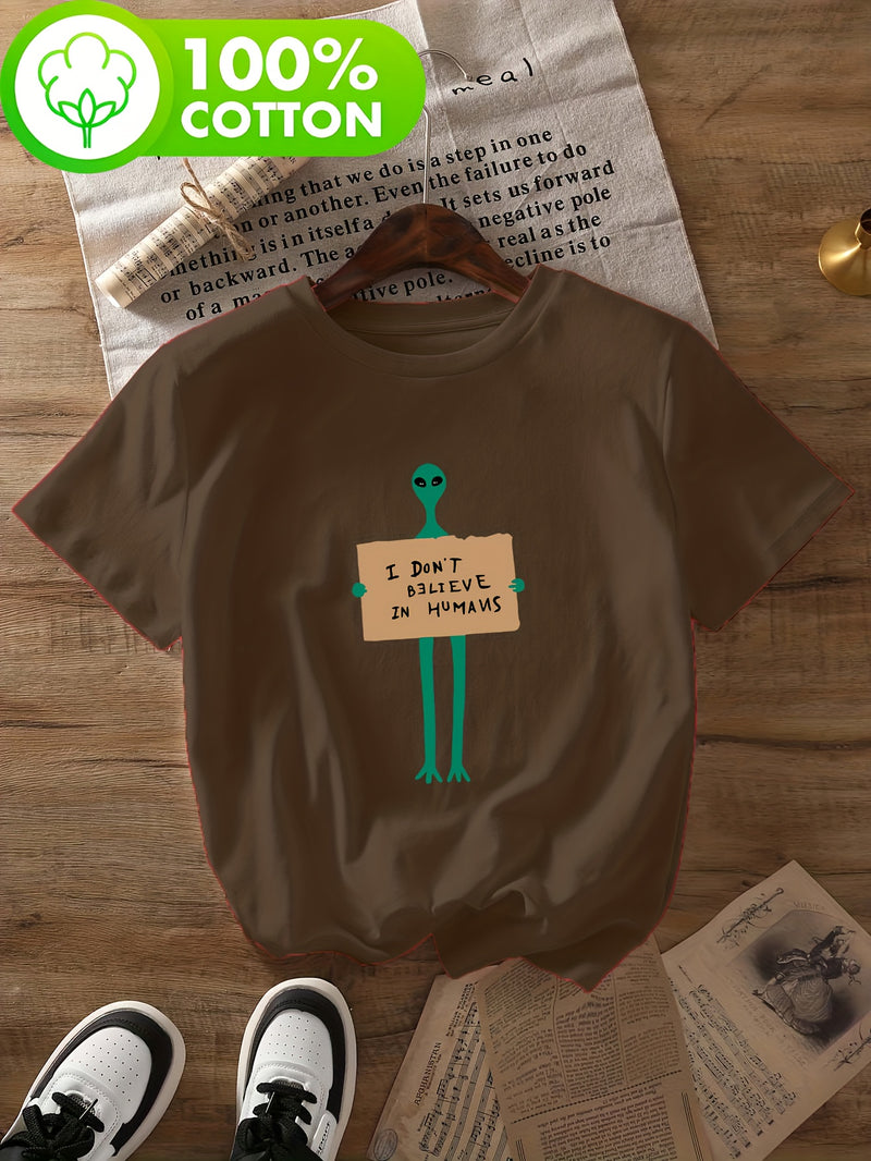 Women's Alien & "I Don't Believe in Humans" Slogan T-Shirt.