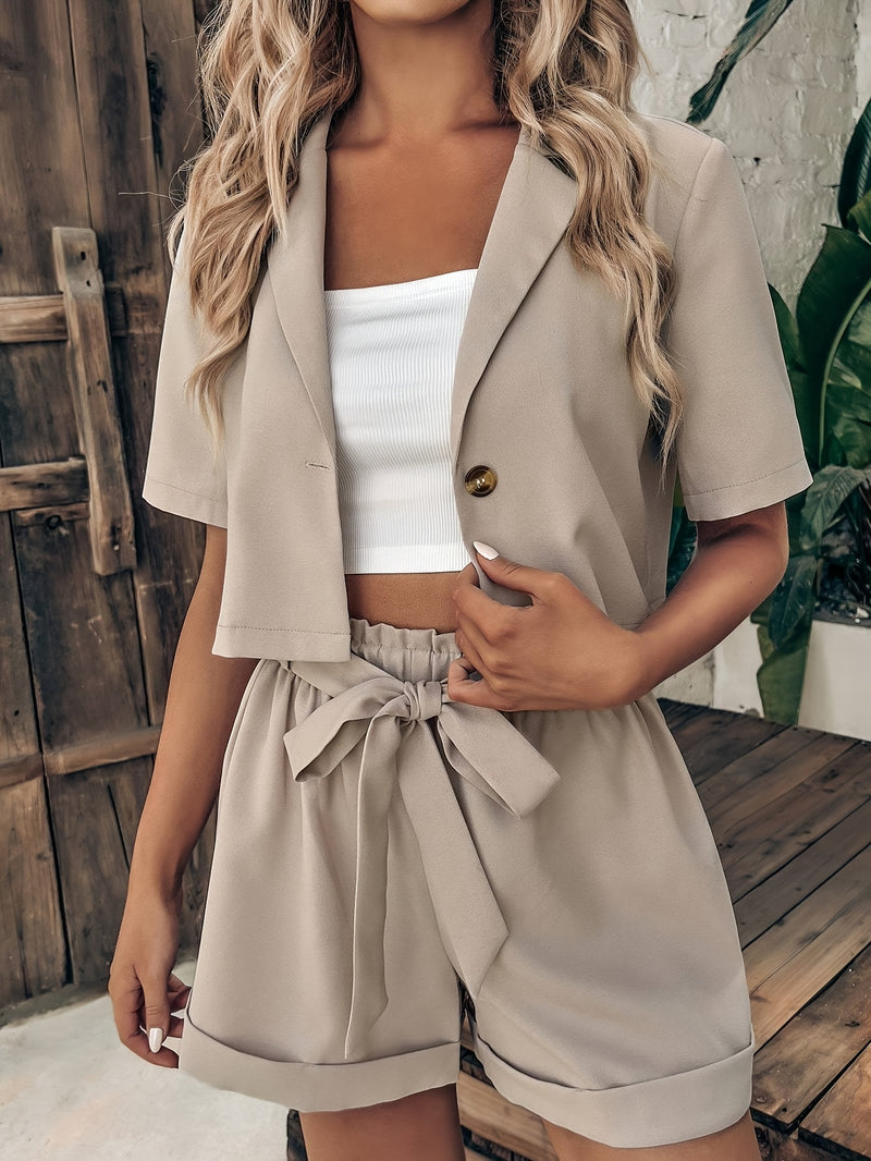 Women’s Short Suit Jacket with Turn-up Collar, Single Button and High Waist.