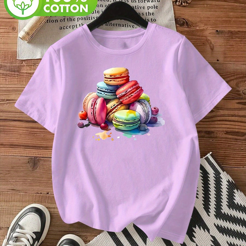 Women's Stylish Macaron Print Round Neck Short Sleeve T-Shirt.