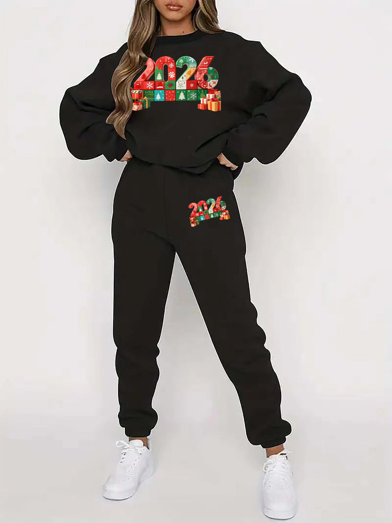 Women's Pullover Round Neck Sweatshirt And Tapered Pants Two-Piece Set.
