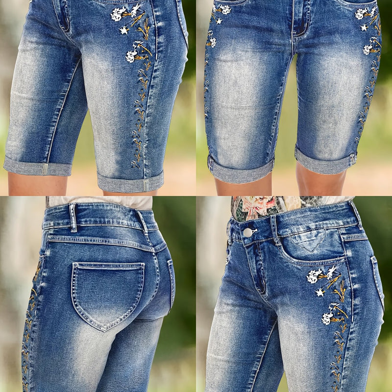 Women's Mid-Rise Denim Shorts Featuring Floral Embroidery.