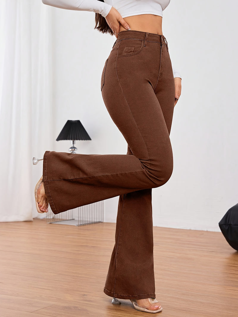 Coffee Brown Fashionable Elegant Women's Flared Jeans.
