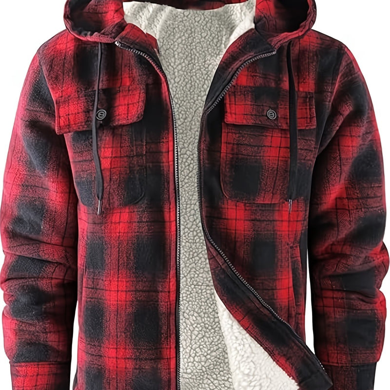 Men's Warm Jacket with Sherpa Lining, Plaid Hooded Zip-Up Winter Coat.