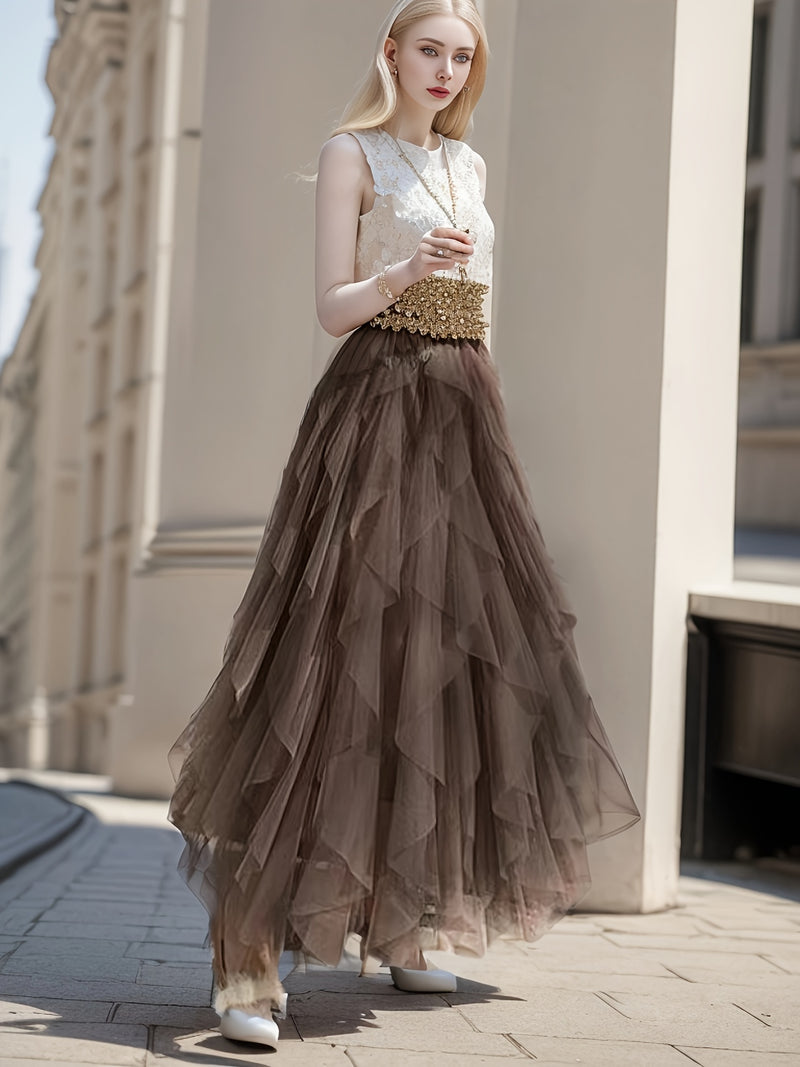 Women’s Irregular High-Waisted A-Line Tulle Skirt, Layered Tulle Skirt.