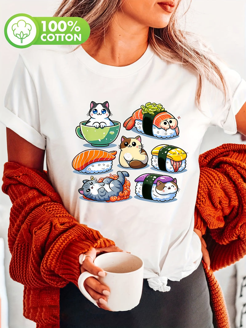 Women’s Sushi Anime Cat Sushi Lover Gift Print T-Shirt.