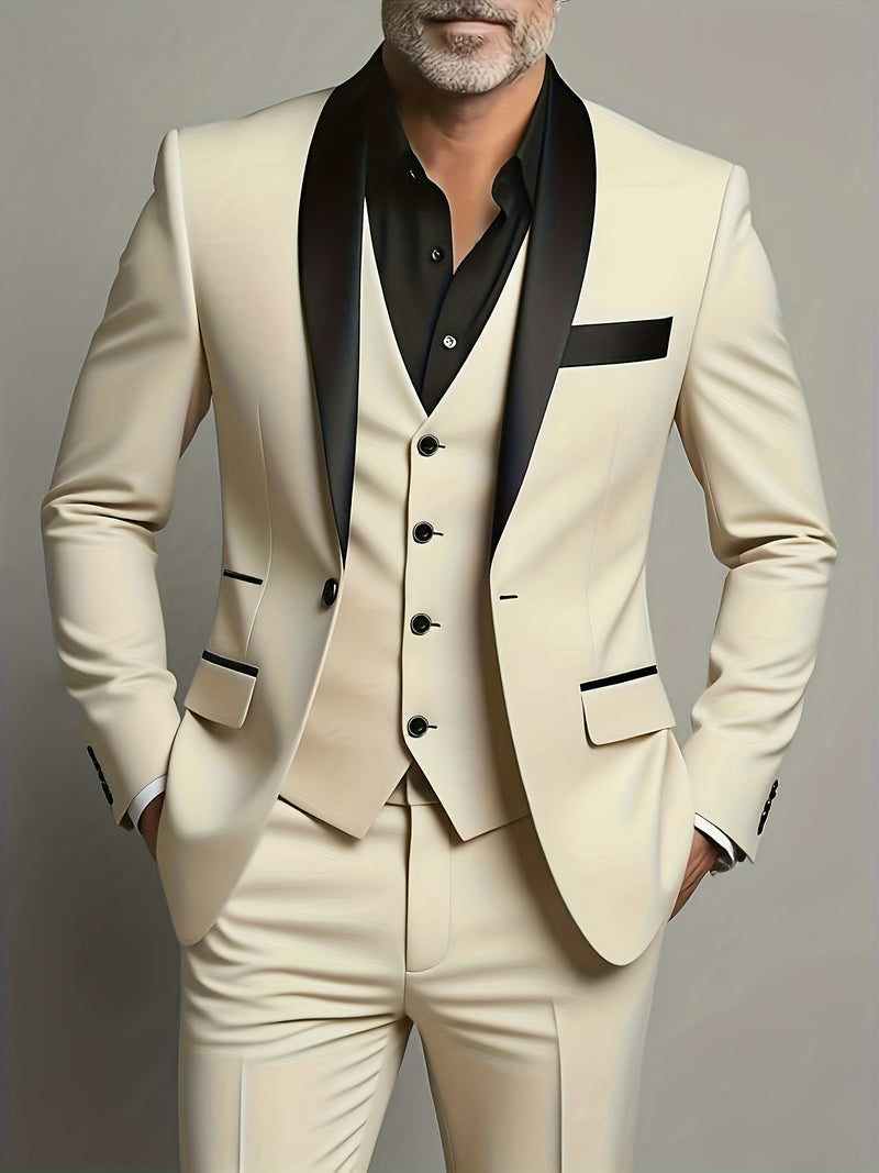 Men's 3pcs Wedding Suit Set - Slim Fit Business Suit Jacket + Single-Breasted Vest.