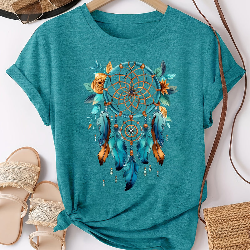 Women's Bohemian Dreamcatcher Floral Print T-Shirt.
