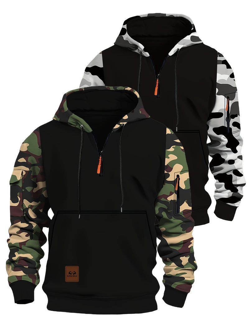 Men’s A Set of Two Trendy Camouflage Hoodies with a Half-Zip Design.