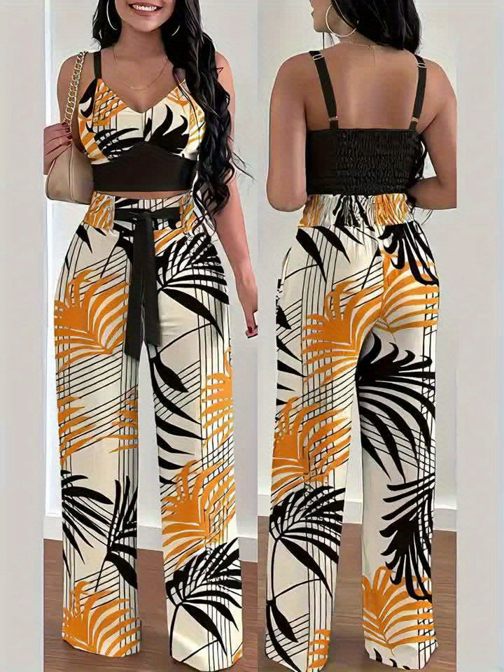 Women's Summer Club Straight-Leg Waist-Tie Print Slim-Fit High-Waist Pleated.