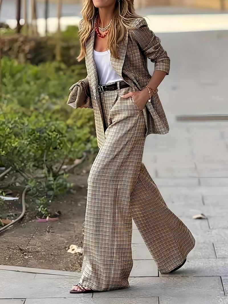 Women's Product: Lined Plaid Suit Jacket Top + Plaid Wide-Leg Pants Suit.