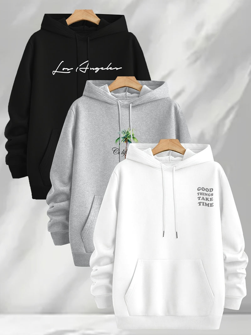 3pcs Trendy Print Sweatshirt, Men's Casual Hooded Sweatshirt.