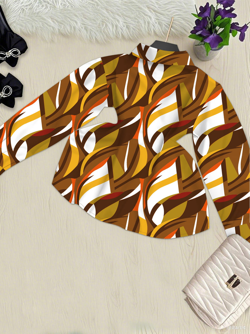 Women’s Two-Piece Set Featuring a Geometric Print Shirt And Solid Color Trousers.