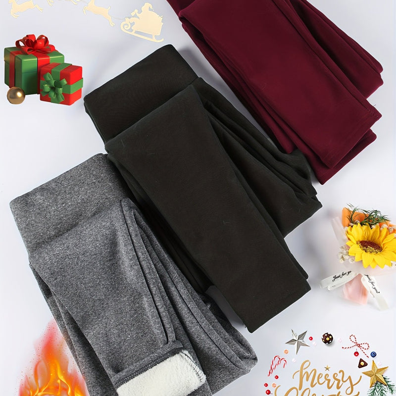 3pcs -Lined Solid Color Skin-Tight Leggings, Autumn/Winter.