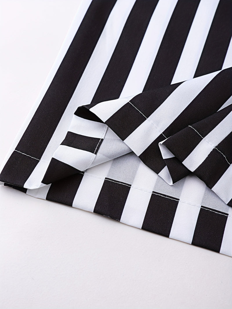 2pcs Women’s Elegant Black Tie-Up Camisole And Black And White Striped Wide-Leg Pants.