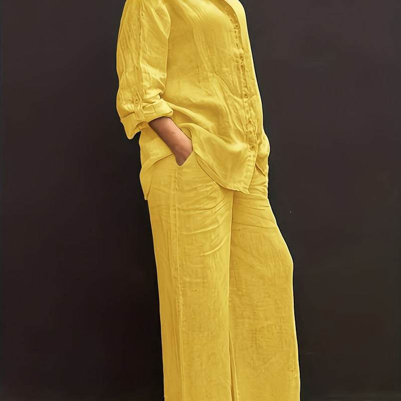 Women’s Casual Collar Cardigan and Wide-Leg Pants Set.