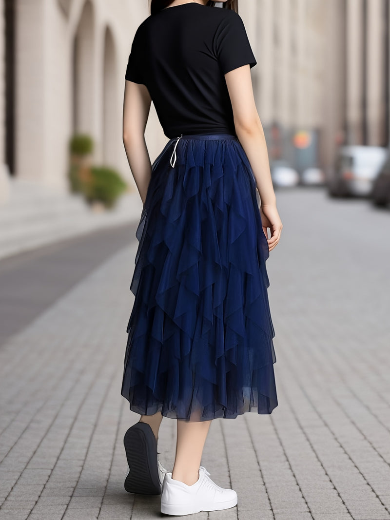 Women’s Irregular High-Waisted A-Line Tulle Skirt, Layered Tulle Skirt.