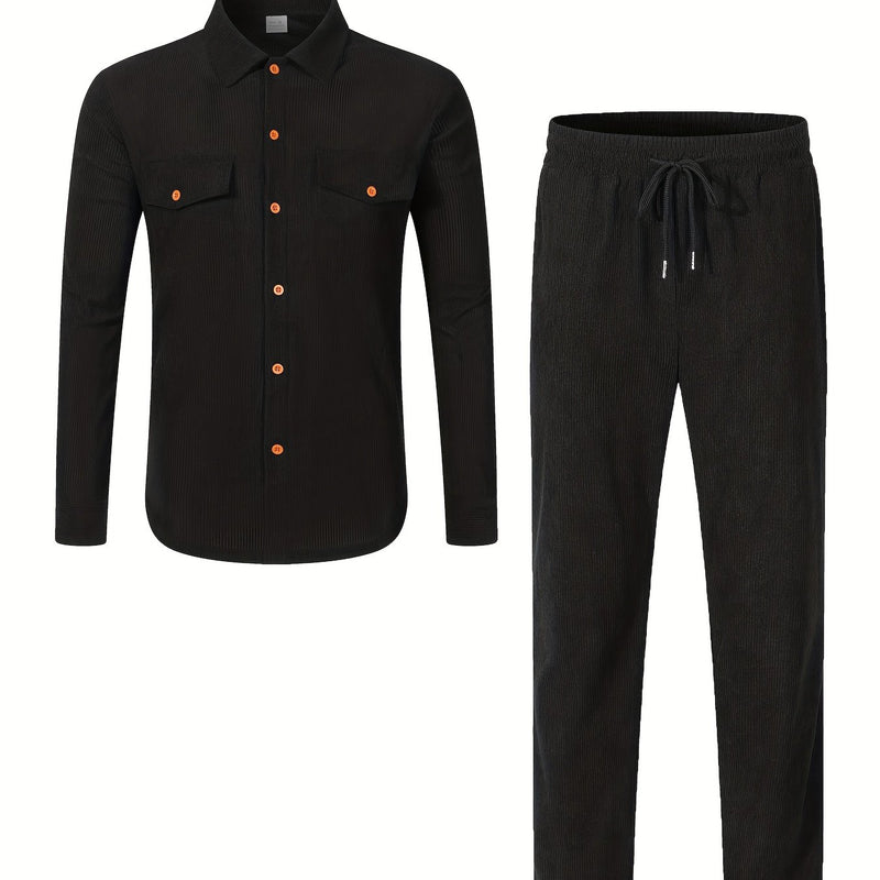 Men'S Casual Two-Piece Set - Olive Green Corduroy  Shirt & Pants.