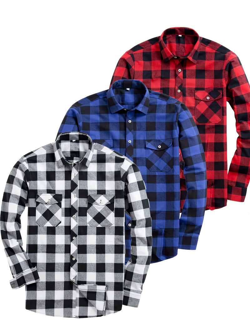 3pcs Men's Plaid Shirts with Top Lapel Long Sleeve.