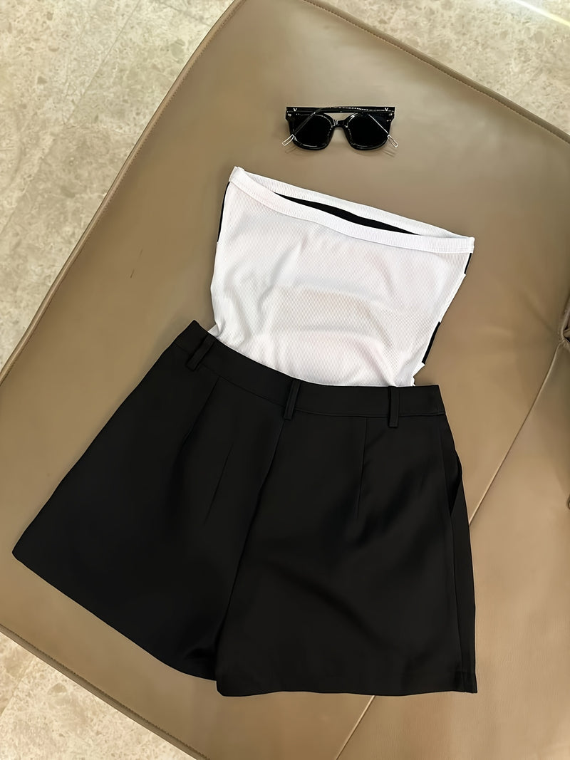 Women’s -Blocked Strapless Fitted Top Paired with Versatile Casual Shorts.