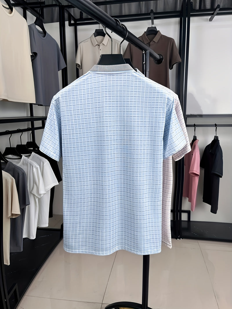 Men's Short-Sleeve T-Shirt Summer Lapel Plaid Ice Silky Fiber Fabric.