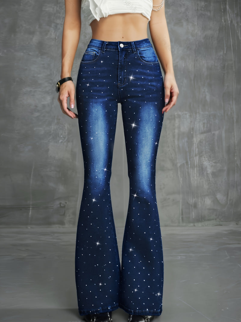 Women's Fashion Carnival Denim Rhinestone Low-Rise Flare Jeans.