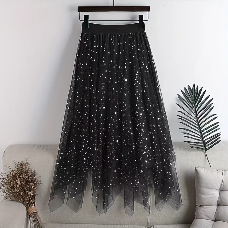 New Women's Sequin Mesh Midi Skirt, High-Waisted.