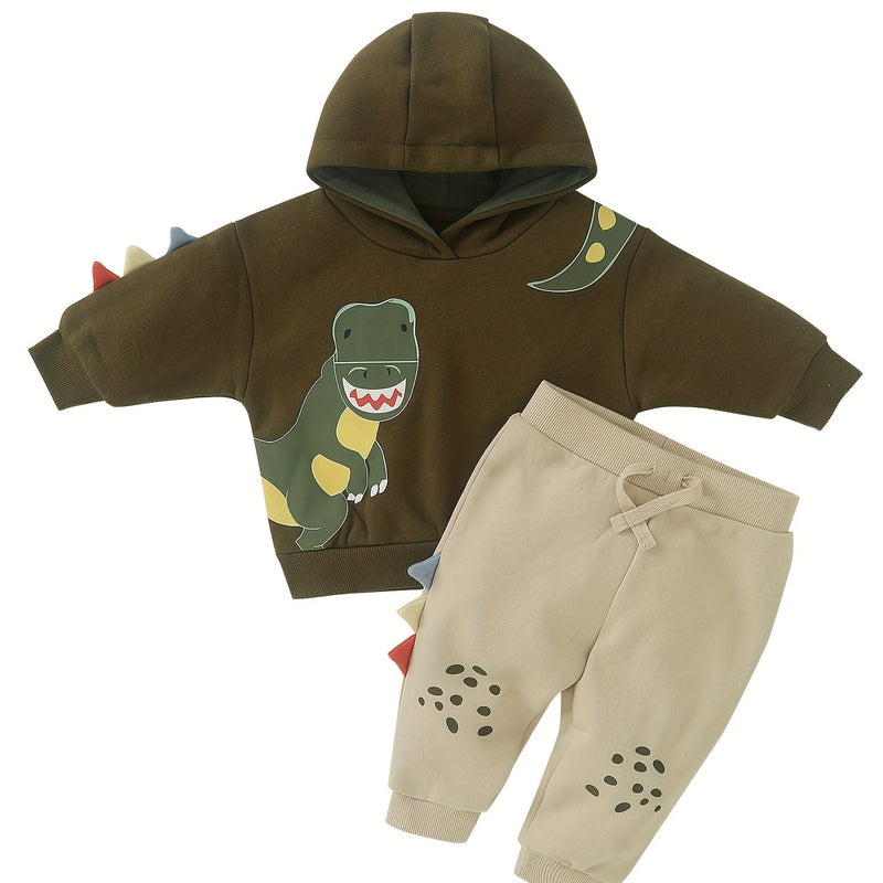 2pcs Baby Boy Set, Long-Sleeved Fleece Hooded Sweatshirt + Long-Sleeved.