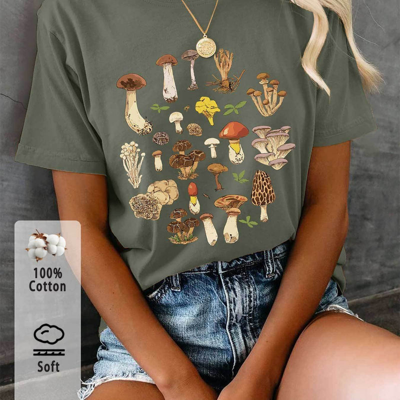 Women’s T-Shirt with Mushroom And Leaf Prints.
