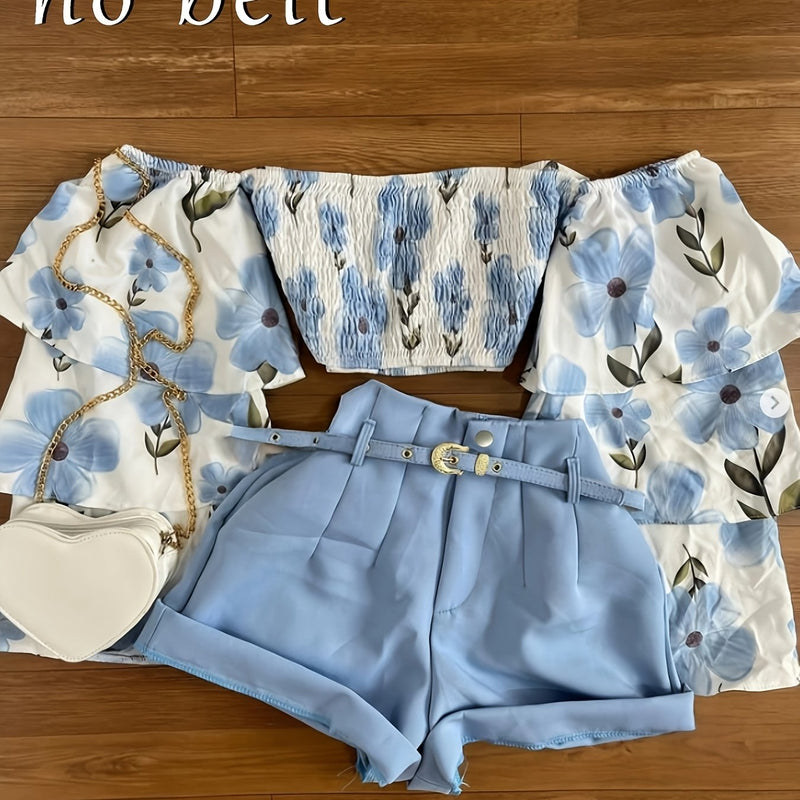 Women’s 2pcs Set Elegant Floral Off-the-Shoulder Top with Layered Ruffle Sleeves.