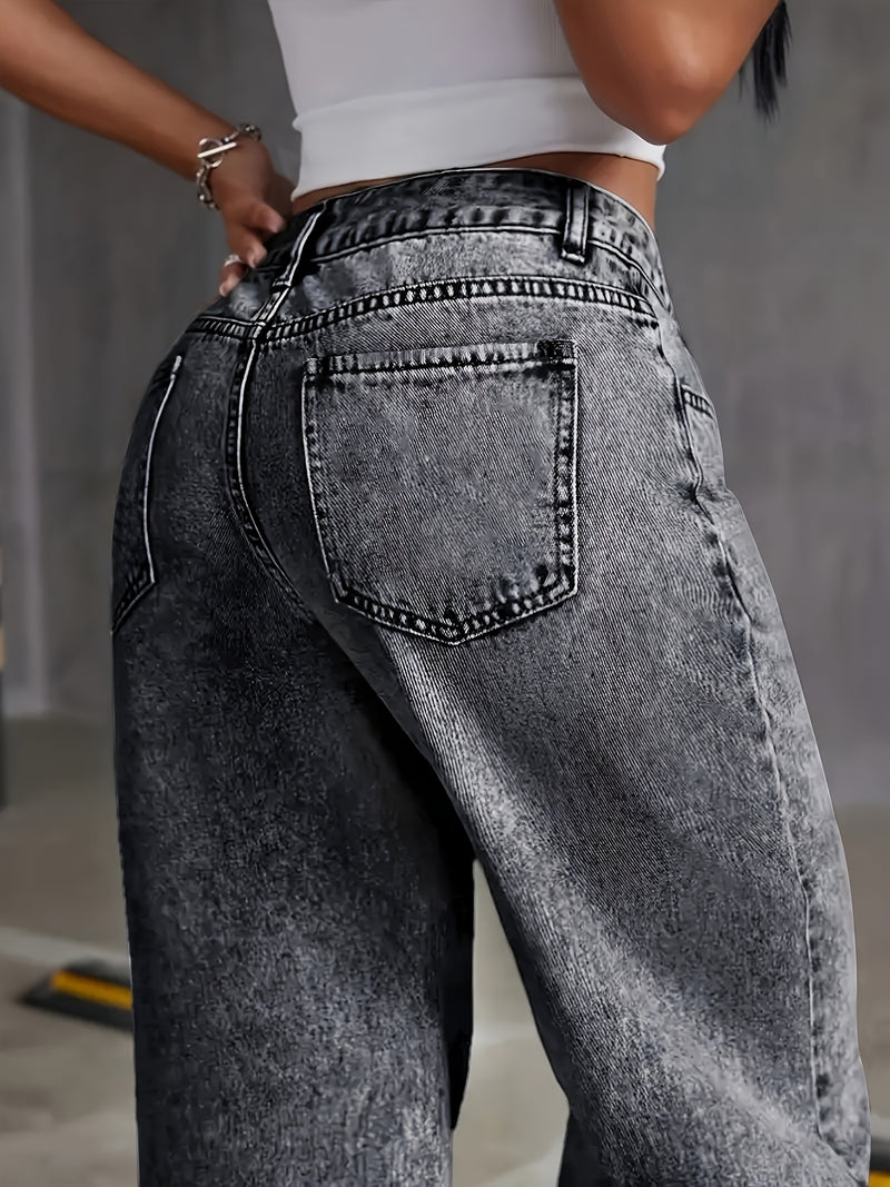 Women's Distressed Snowflake Washed Loose Straight-Leg Jeans.
