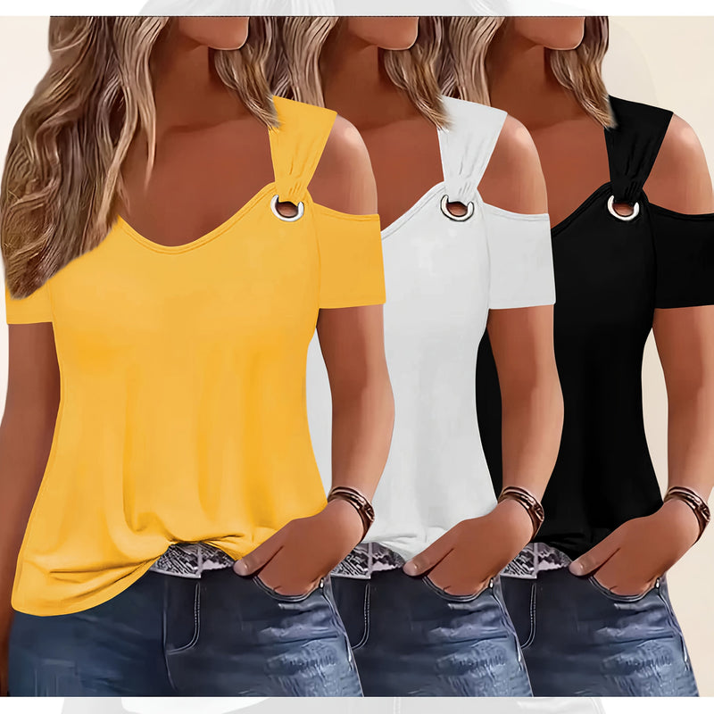 Three-Piece Summer Off-Shoulder Short-Sleeve T-Shirt for Women.