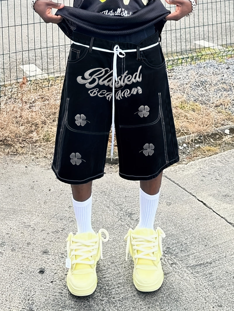 Embroidered Casual Mid-length Pants, Letter Embroidered Denim Shorts.