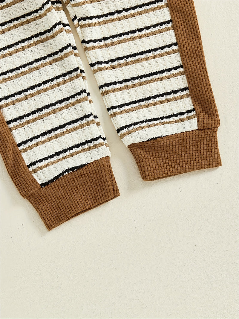 Toddler Boys Waffle Stripe Lapel Collar Sports Set.