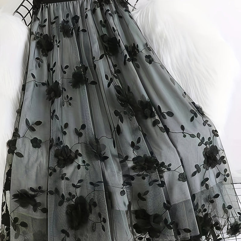 Women’s Double-layer Mesh Flared A-line Embroidered Floral Skirt.