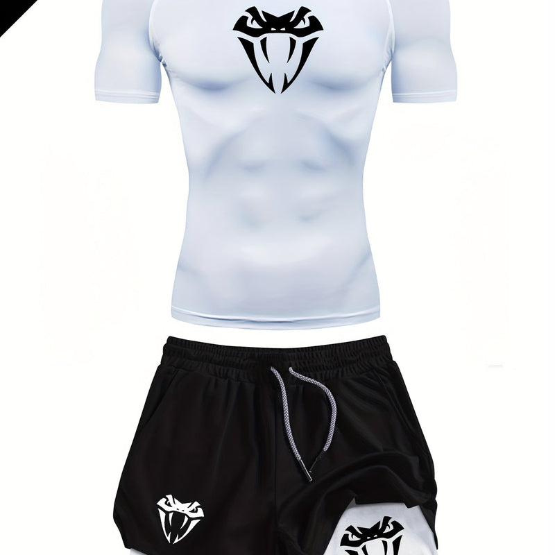 Men's Snake Head Print Two-Piece Set: Short Sleeve Top+Shorts.