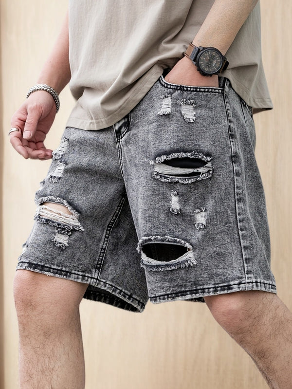 Men'S Gray Stylish Ripped Denim Shorts, Vintage Frayed High Street Shorts.