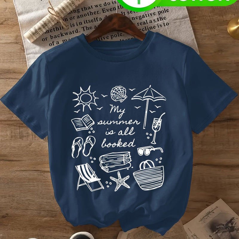 Women's Casual T-Shirt - Beach & Book Lovers Graphic Print.