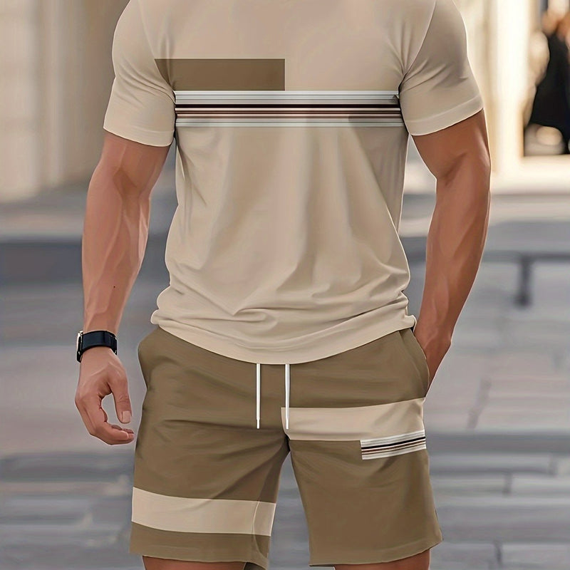 1 Set of 2pcs Men's Casual Outfit, Round-neck T-shirt + Shorts Set.