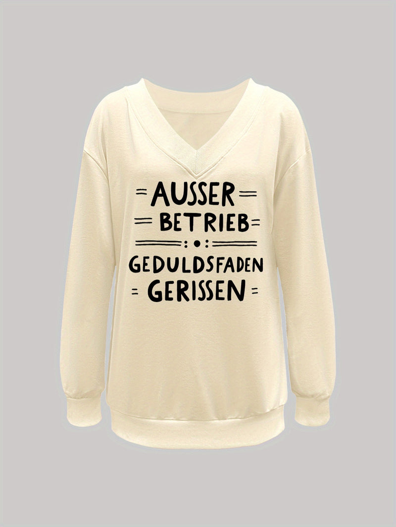 Women's Pink V-Neck Long Sleeve Sweater with German Letter Print.