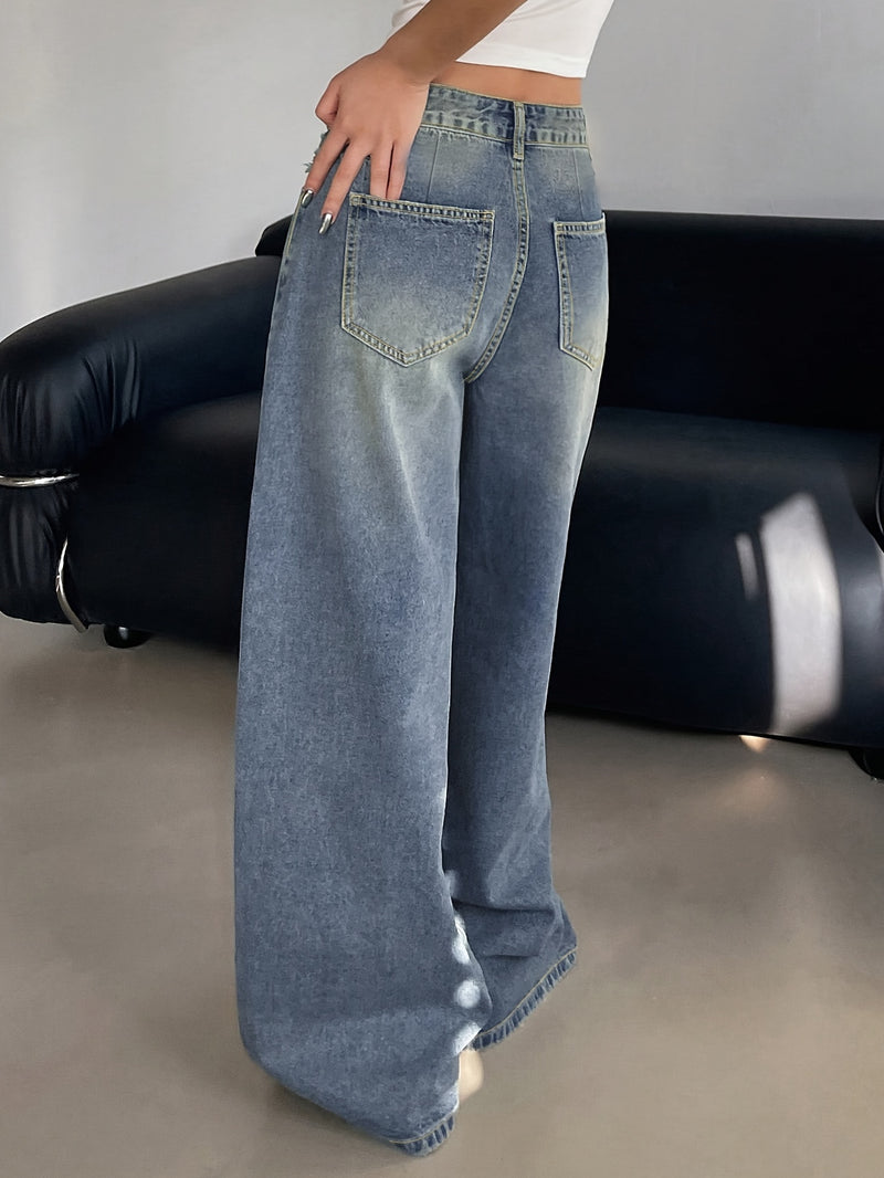Women's New Washed Blue Wide-Leg Ultra-Long Floor-Length Ripped Loose-Fit Wide-Leg Casual Jeans.