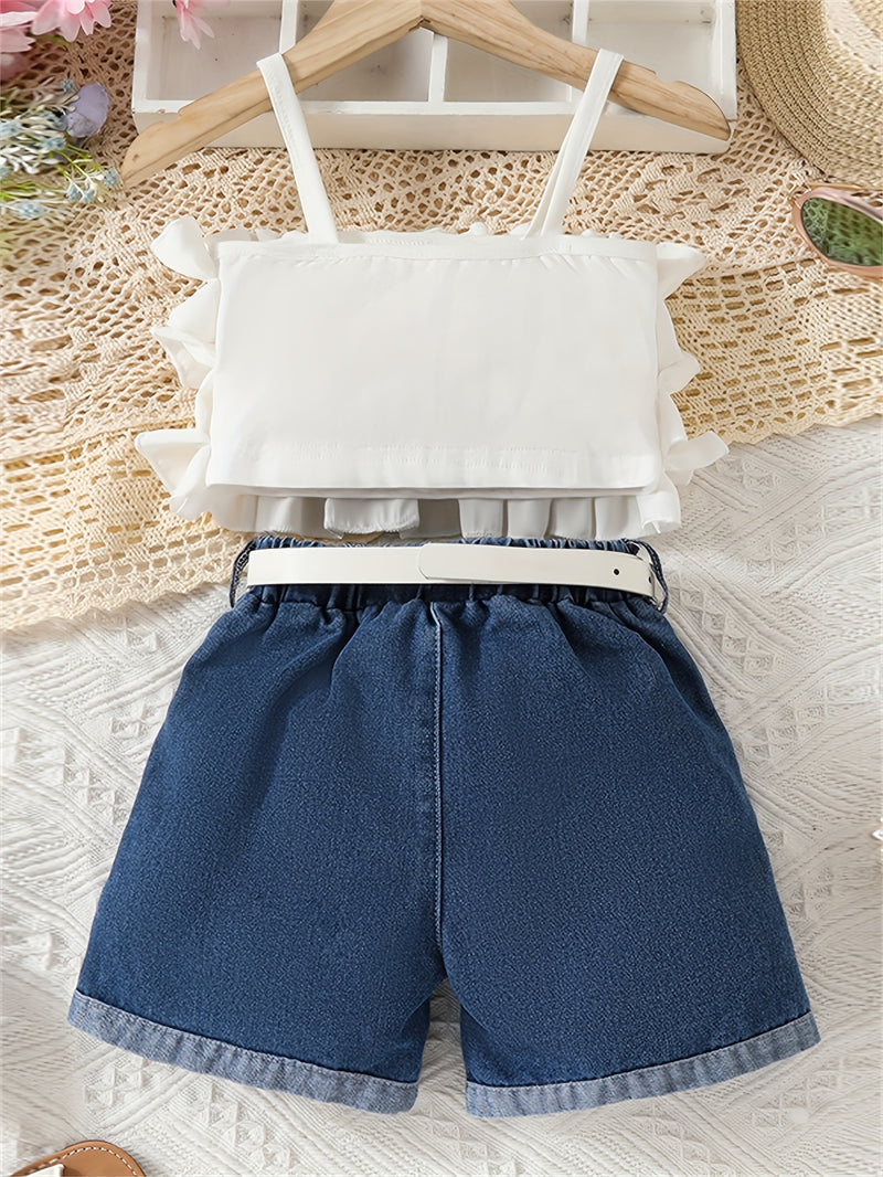 Girls' Lace-Trimmed Tank Top And Denim Shorts Two-Piece Set, for Outdoor.