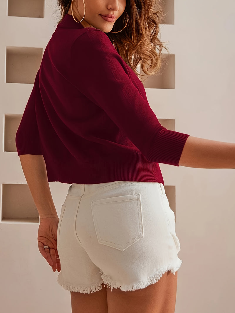 Solid Color Open Front Knit Cardigan, Casual 3/4 Sleeve Top.
