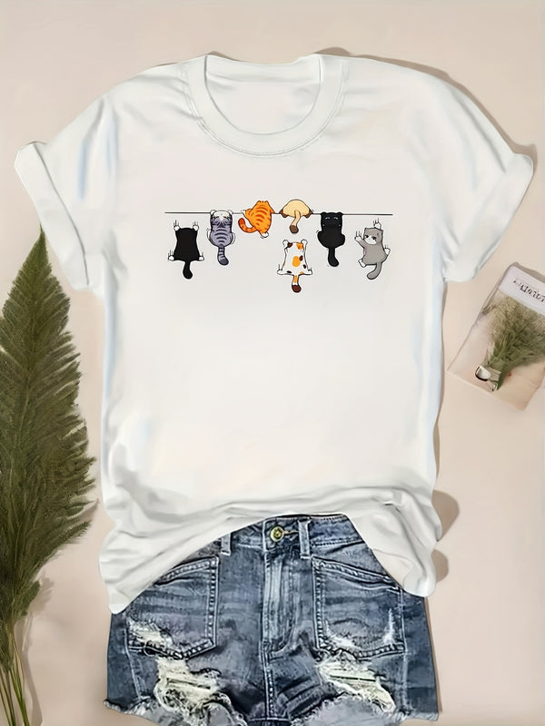 Trendy Women's Short-Sleeve T-Shirt with Adorable Cat Print.