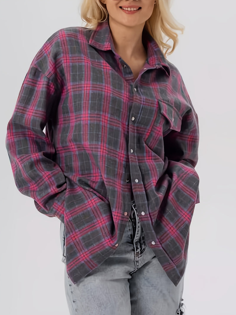 Spring Plaid Long-sleeve Pocket Women's Blouse.