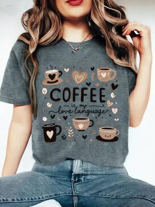 Elegant Women's Short-Sleeve T-Shirt with Coffee-Themed Prints.