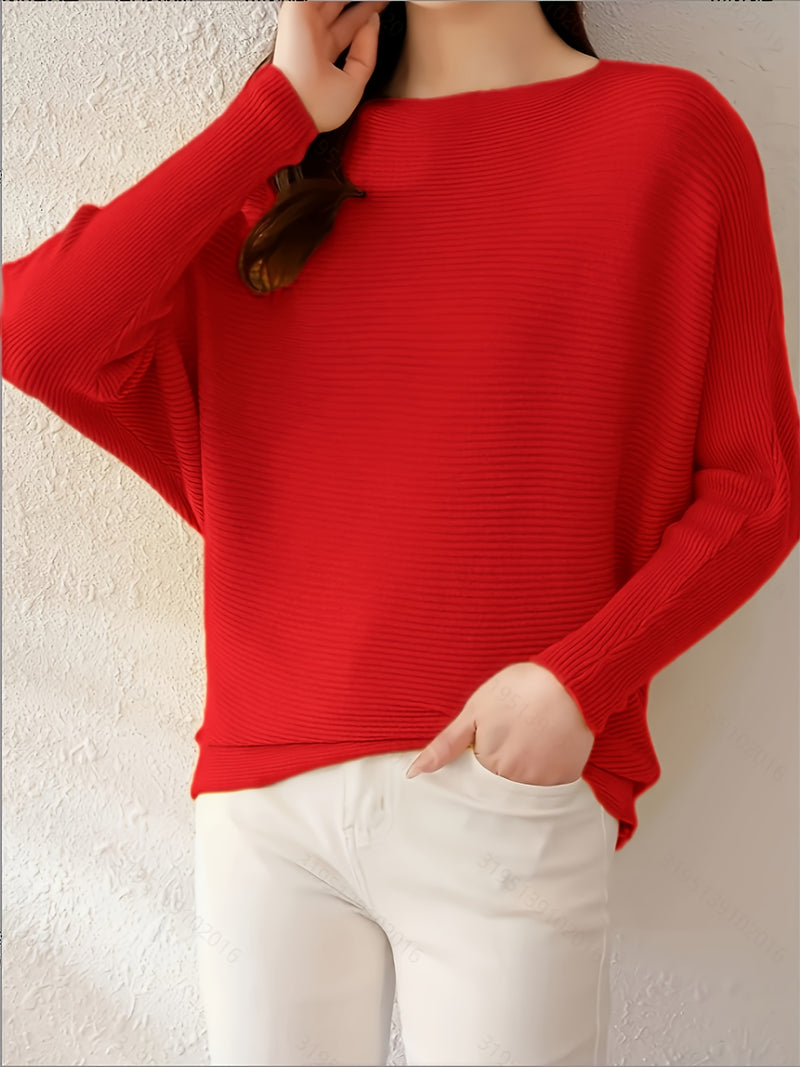 Women's Loose Batwing Sleeve Sweater, Casual Elegant Long Sleeve Top.