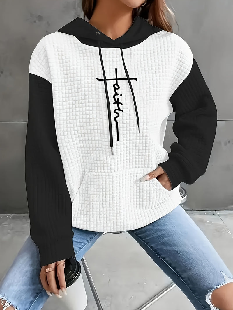 Women's Casual Oversized Hoodie with Checkered Texture & Letter Print.